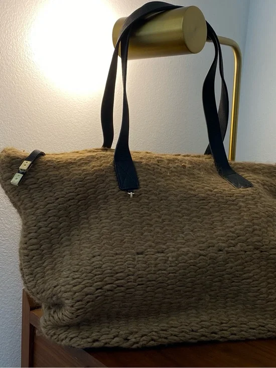 Stefanel Camel Knit Tote with Black Leather Handles