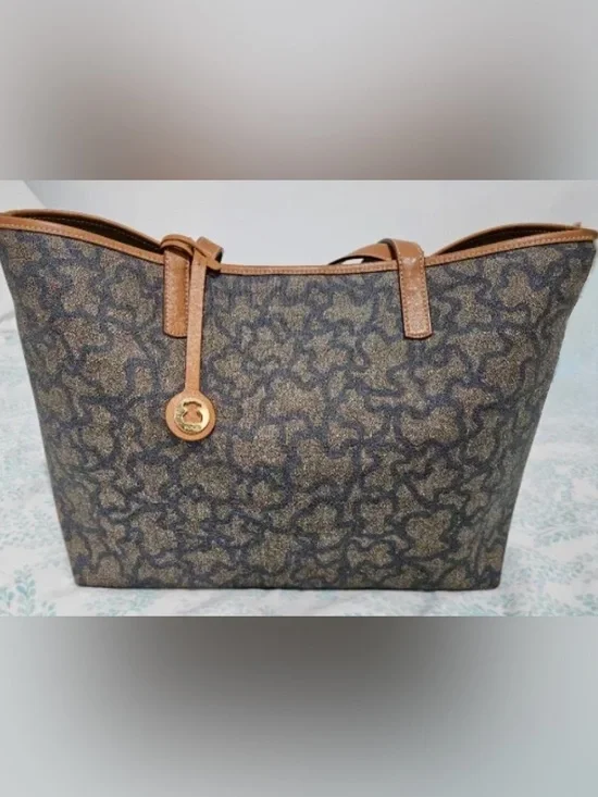 Tous Brown and Black Signature Tote with Tan Leather Trim