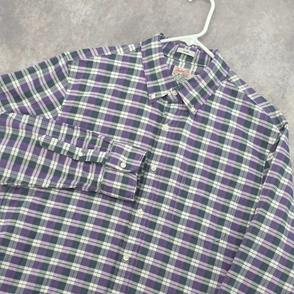 J.Crew Mens Large Slim Broken-In Oxford Plaid Purple Green Button Down Shirt