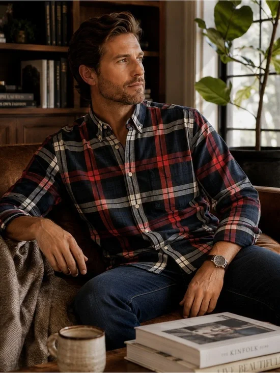 J. Crew Men's Navy and Red Plaid Button-Down Shirt