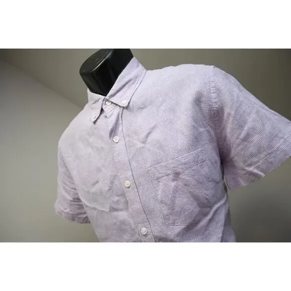 J Crew Button Up Dress Shirt Linen Blend Casual Plaid Short Sleeve‎ Mens Medium