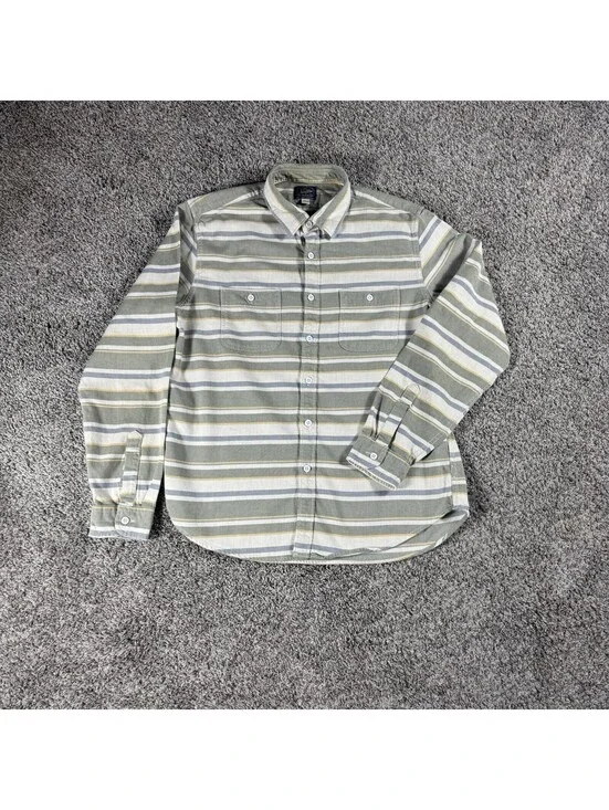J. Crew Men’s Flannel Shirt 100% Cotton L Soft Striped Green White Button Down