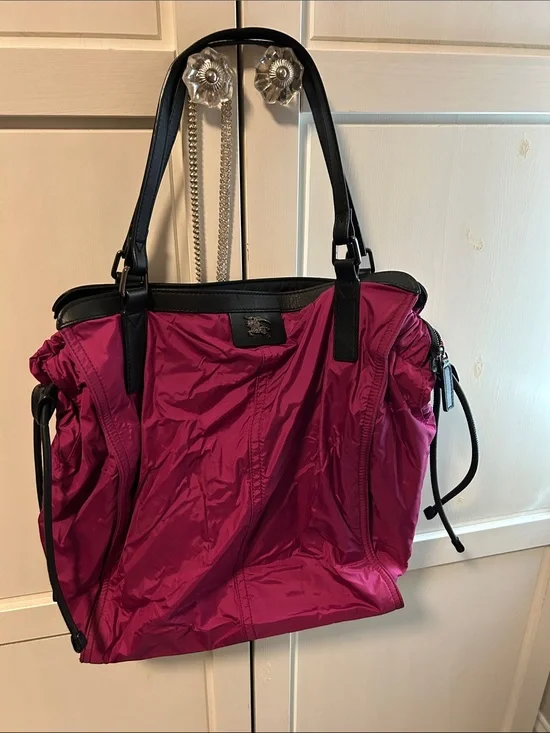 Burberry Magenta Nylon Tote with Black Leather Trim