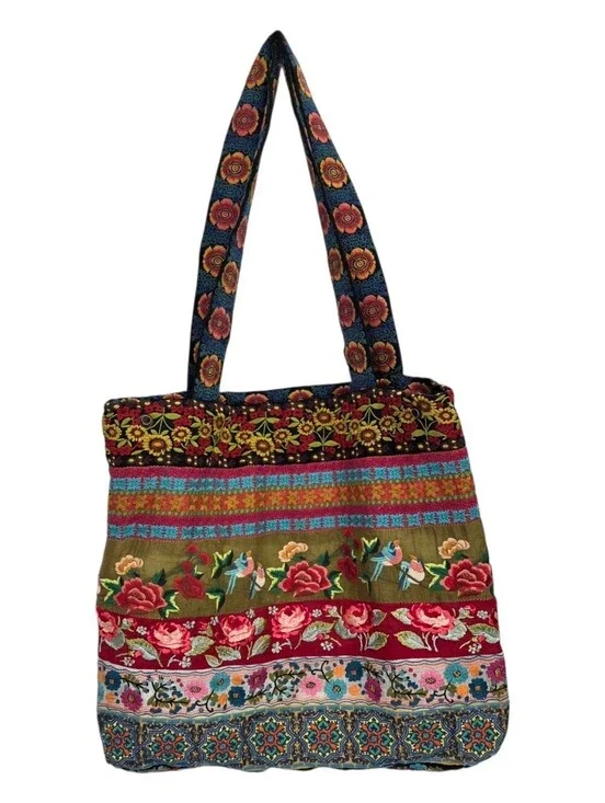 Johnny Was Embroidered Silk Floral Bird Tote Bag Purse