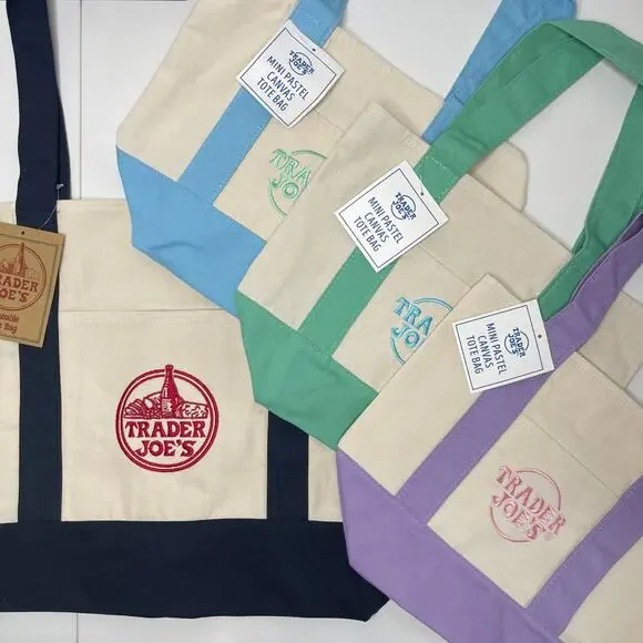 Set of 4! — Trader Joe’s Canvas Tote Bags — Large Size NAVY BLUE + Mini PASTELS!