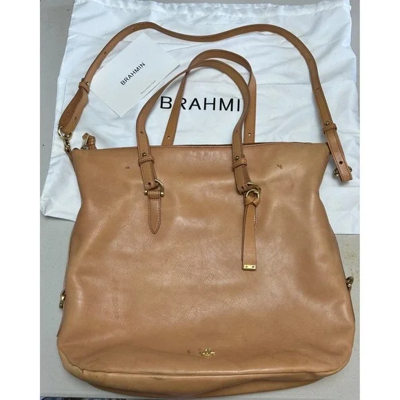 Brahmin Womens Delaney Tote Bag FLAWS Large Tan Charleston Leather Crossbody