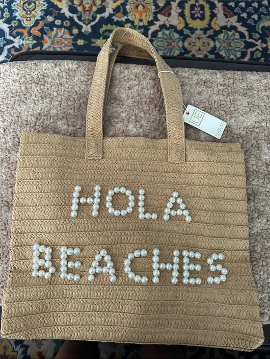 Urban Expresdions Tan Straw Tote with Pearl 'HOLA BEACHES' Lettering