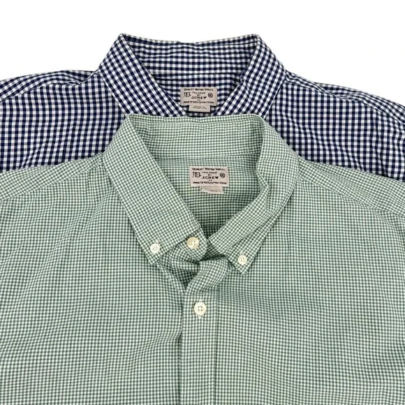 J.Crew Mens Gingham Button Down Shirt Lot of 2 Navy Green Cotton XL Tailored