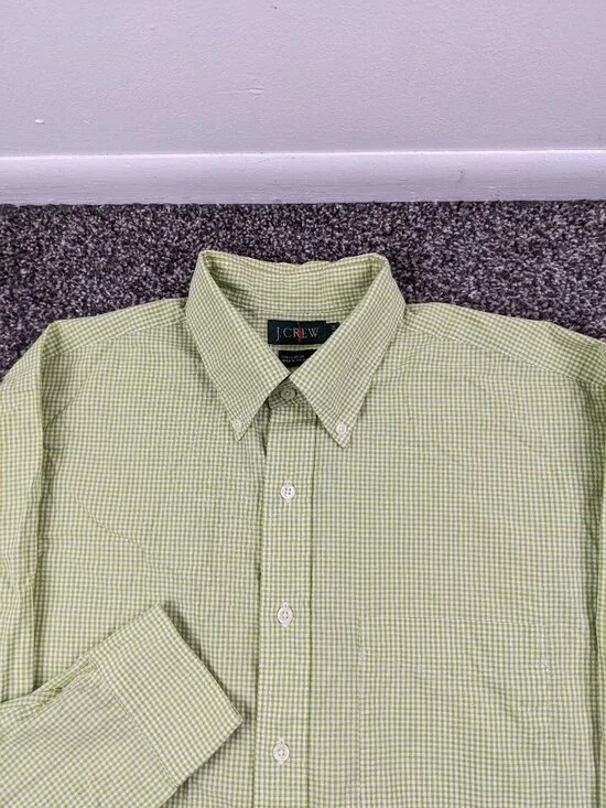 Vintage 90s J Crew Oarsman Dress Shirt Gingham Checked Button Green Mens 16x34