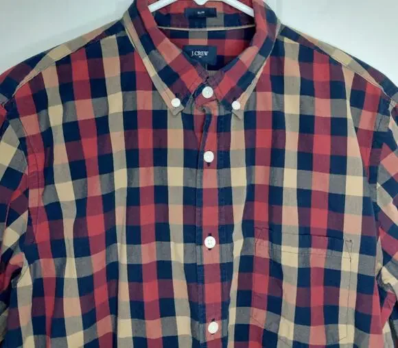 J.Crew Men's Slim Fit Red Navy Plaid Button-Up Shirt XL Preppy Streetwear Cotton