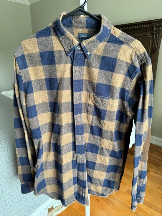 J. Crew Men's Navy and Tan Plaid Button-Down Shirt - Size L