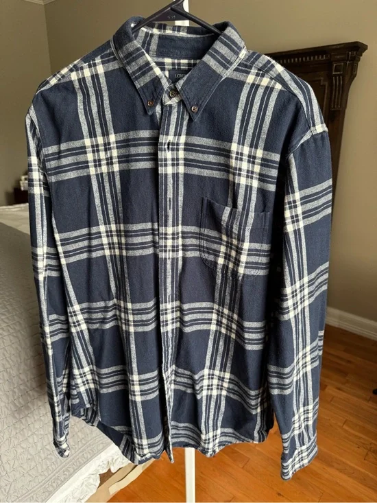 J. Crew Men’s Navy and White Plaid Button-Down Shirt - Size L