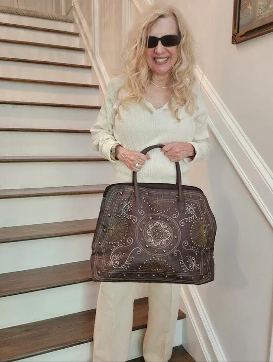 Hand Crafted Embroidered Brown Faux Leather Bohemian Style Large Tote Bag, $35