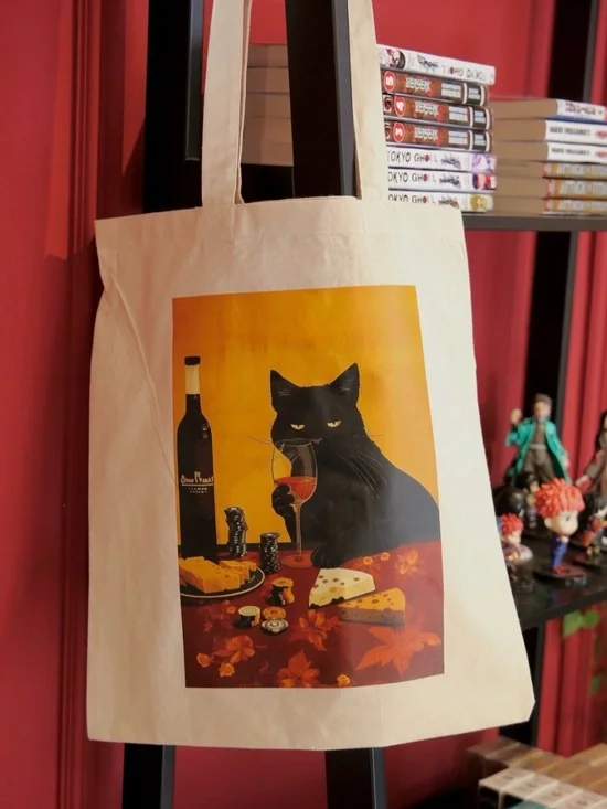 Copenhagen Tote Bag with Black Cat Holding Wine Glass 15”x19”
