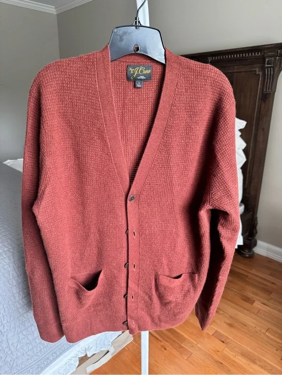 J. Crew 100% Cashmere Men's Brick Red Button-Front Cardigan - Size L