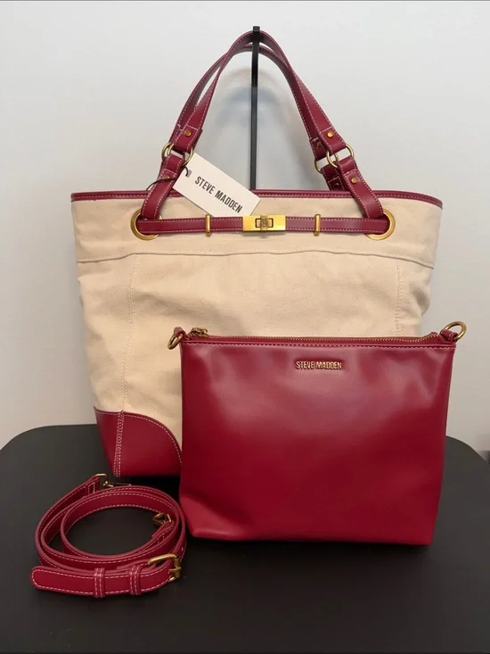 Steve Madden | Wine Canvas Boatkin Vacation Tote w/ Separate Purse & Crossbody