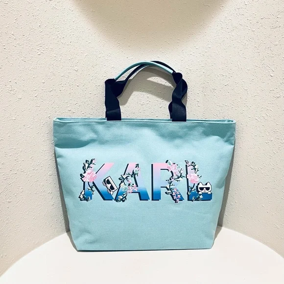 Karl Lagerfeld Paris Double Strap Canvas Floral Embroidered Logo Tote Bag NWT