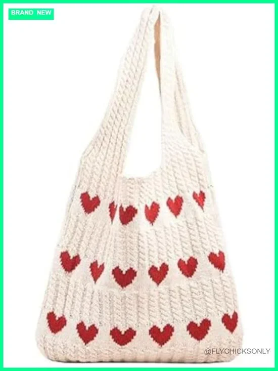 Crochet Tote Bag Boho Heart-shaped Beach Handbag Knit Vacation Casual Hobo