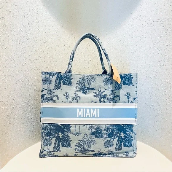 MIAMI Tropical Print Chambray Carryall Canvas Tote Bag OS NWT