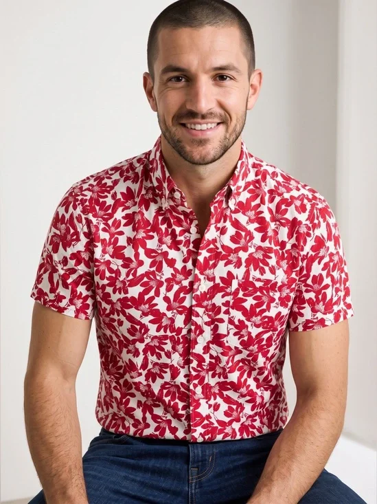 🌻J.Crew Mercantile Slim Flex Floral Button Front Shirt White Red  Men's Large