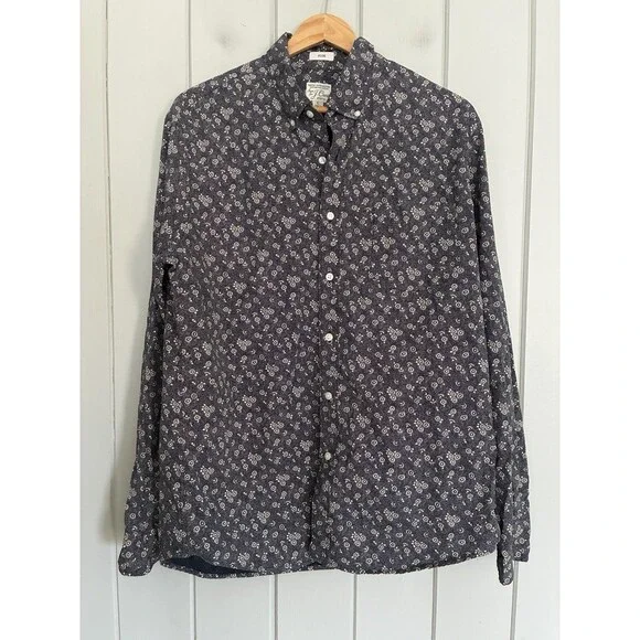 J. Crew Slim Secret Wash Poplin Shirt L large Cotton Poplin Blue Floral AU461