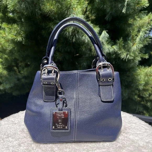 Tignanello Satchel Handbag Navy Pebbled Leather Top Handles Keychain Silver Tag