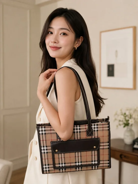 Classic Plaid Tote Bag in Beige and Black Burberry