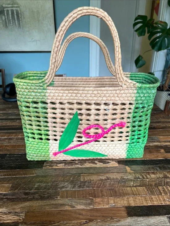 Handwoven Neutral & Green Straw Tote with Pink Accent