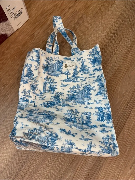 Harrods White and Blue Toile Canvas Tote
