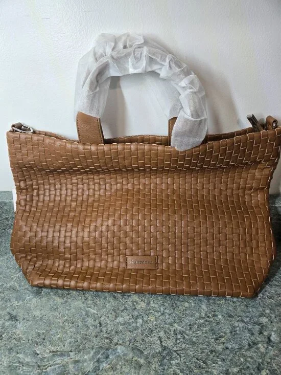 Queenoris Woven Vegan Leather Handbag Brown Shoulder Tote Purse with Strap New