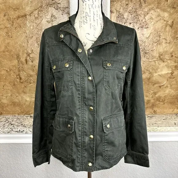 J. Crew Resin Coated Twill Field Jacket Women's Medium‎ Mossy Brown Zip Closure