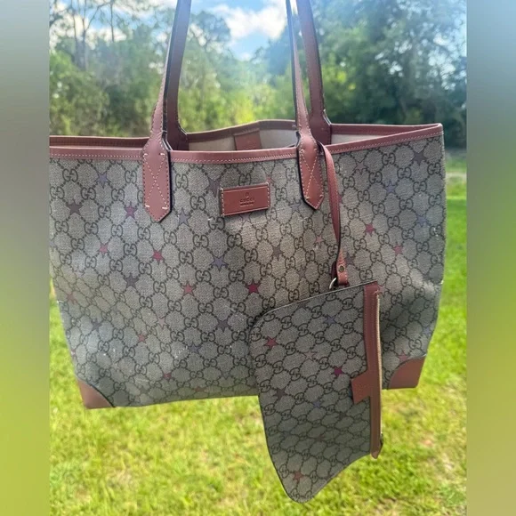 Gucci Women's Tote Bag GG Star Pattern Detachable Pouch Beige Brown Pink Purple