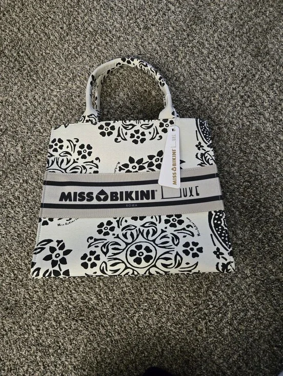 Miss Bikini Luxe White & Black Floral Canvas Tote