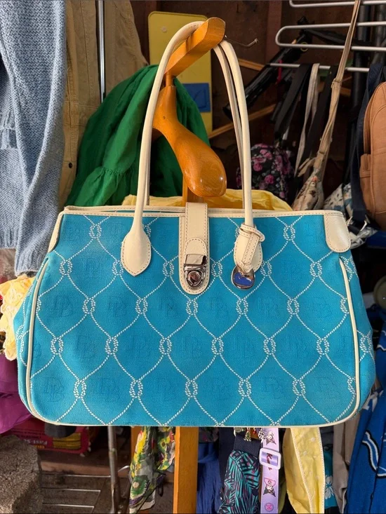 Dooney & Bourke Turquoise Tote with Cream Trim and Handles