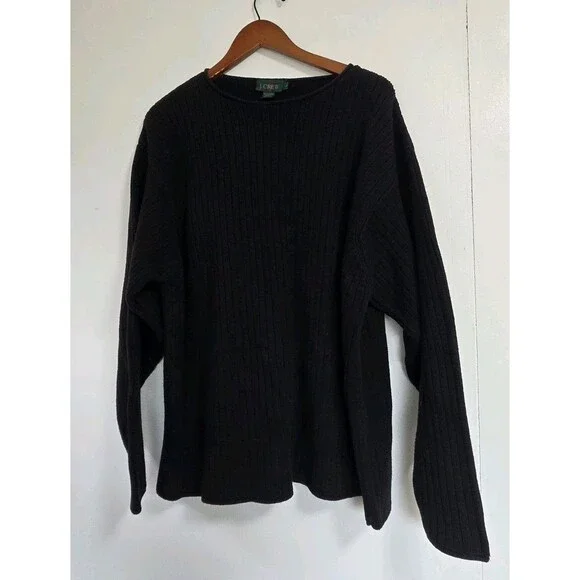 J Crew Sweater Mens L Black Ribbed Knit Cotton Fisherman Oarsman Crewneck