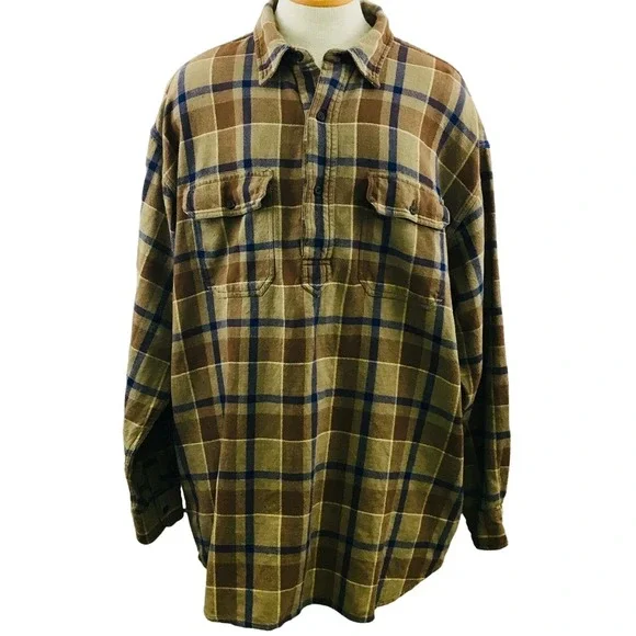 Mens XLT J.Crew Pullover Shirt Plaid Brown Blue‎ Thick Cotton Long Sleeve 1990s