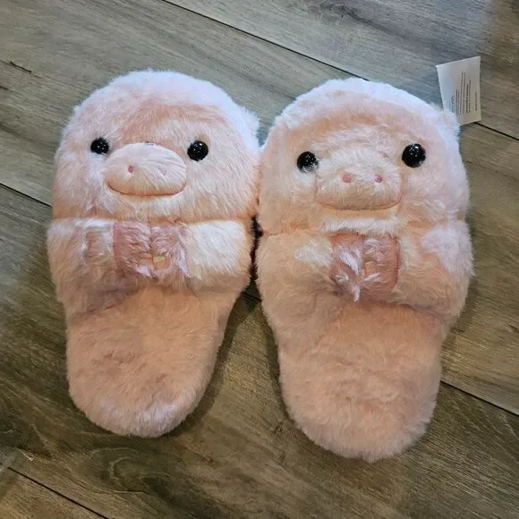 Girls Cute pig Animal Design Memory Foam Slippers Pink Size 2-3