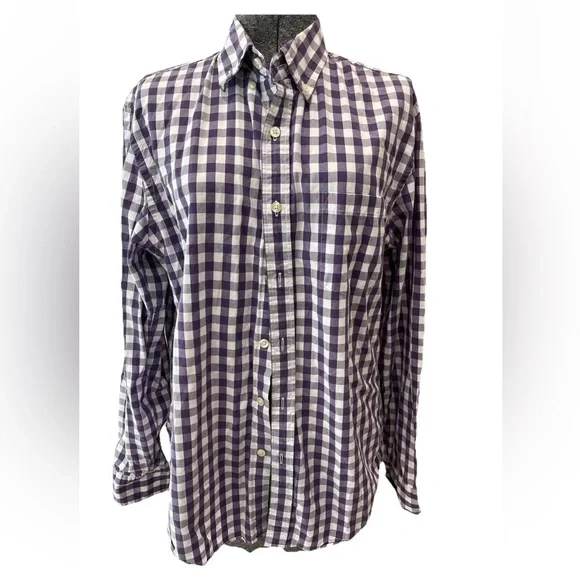 J crew purple‎ white check-button down-size medium-unisex-all cotton! 1980s VTG