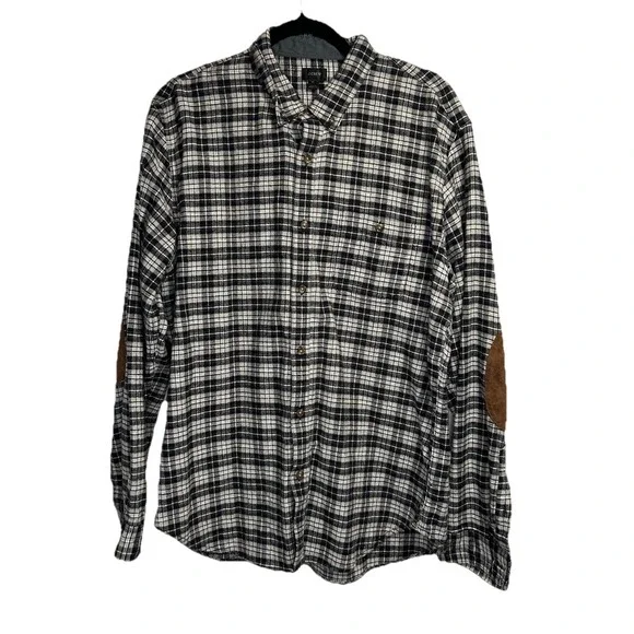 J. Crew Flannel Men's XL Black White Check Wool Elbow Patches Button Up Outdoors