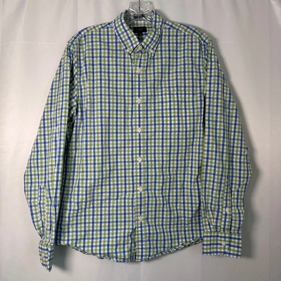 J. Crew Men's Long Sleeve Casual Cotton Button Shirt Green‎ & Blue Plaid Slim M