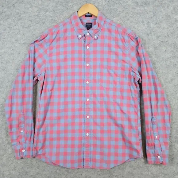 J Crew Men's Slim Fit Shirt Size L‎ Red Blue Checks Preppy Button Up/Down Church