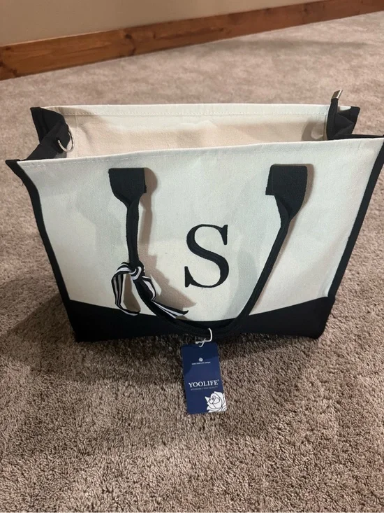 Black & White Canvas Tote Bag with S Monogram