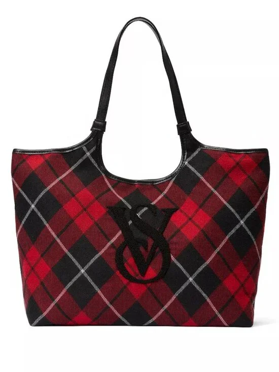 NWT Victoria's Secret Tartan Red Plaid Large Buffalo Check Tote Bag Christmas VS