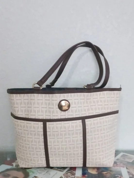 Tommy Hilfiger Cream and Brown Tote with Gold Accent