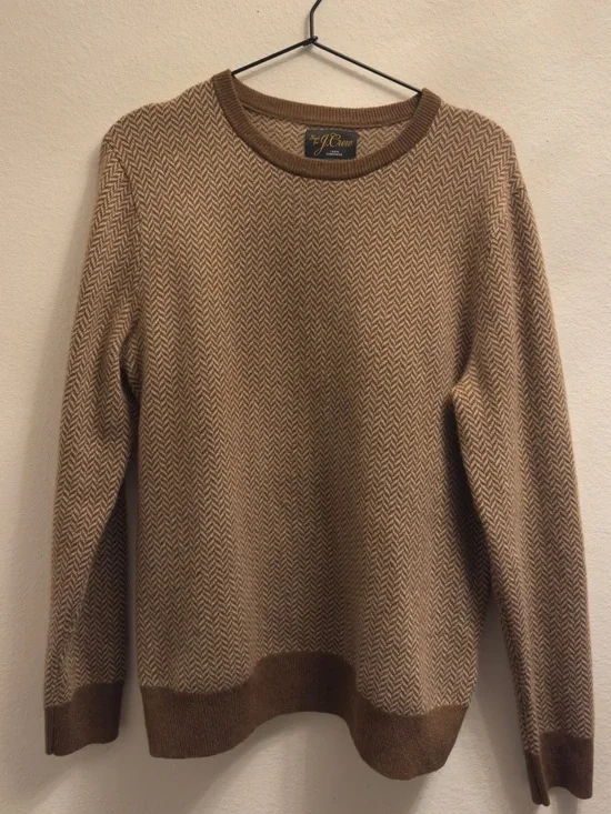 J. Crew Men's Tan Herringbone 100% Cashmere Crewneck Sweater