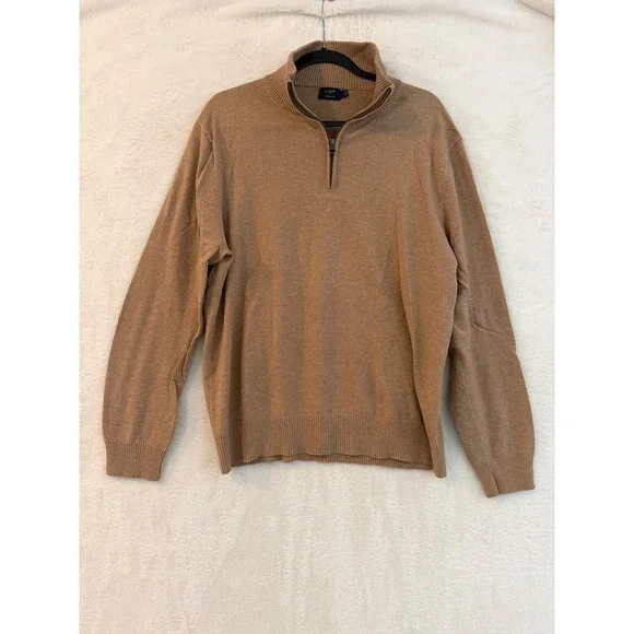 J.Crew Harbor Cotton Quarter Zip Sweater Mens Large Tan Brown F4718 Merino Wool‎