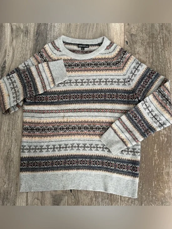 Men's J. Crew vintage Nordic Lambswool SweaLight Gray Fair Isle Crewneck Sweater