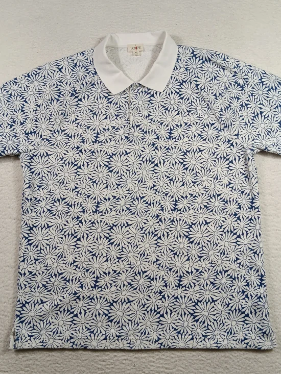 J Crew Oarsman Shirt Mens Size XL Blue Terry Cloth Polo Floral Nautical Golf