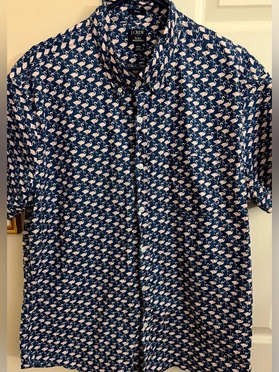 J. Crew Navy Short-Sleeve Button-Down with Light Pink Flamingo Print‎ Sz 2XL