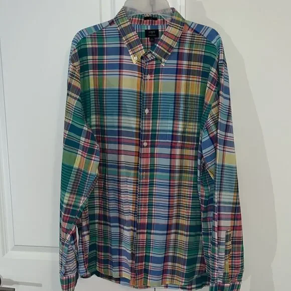 J Crew Summer Plaid India Madras LS Rainbow check tartan shirt-XL slim fit /sz L
